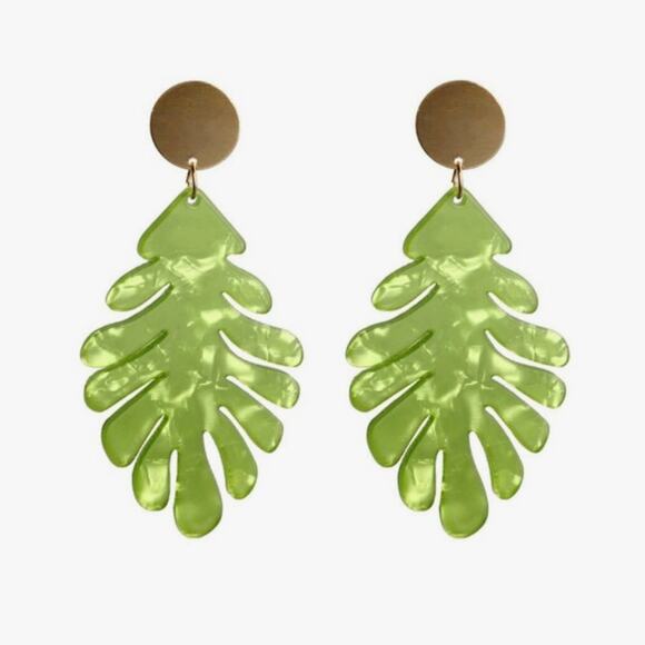 Francesca's Palm Leaf Acrylic Drop Earrings Lime Green Chunky Tropical Earrings - Picture 1 of 5